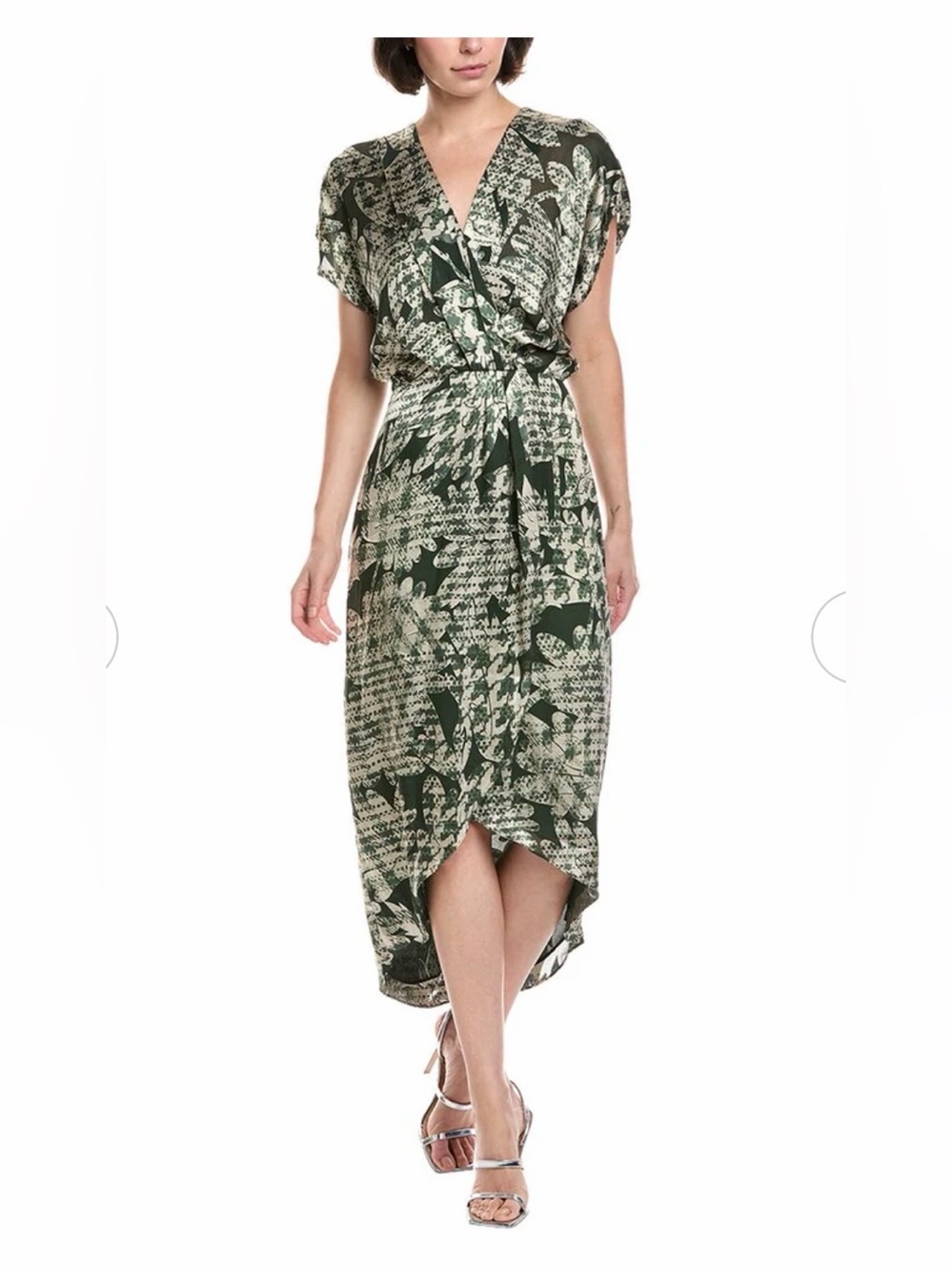 Ramy Brook Green Floral Faux Wrap High Low Midi Dress Size 8 Vacation Wedding